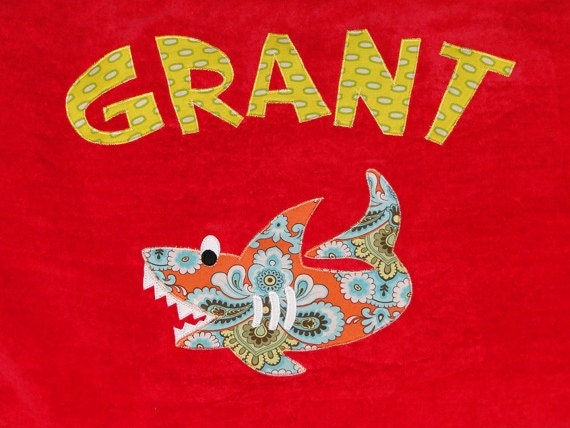Personalized Large Salsa Red Velour Beach Towel with Shark