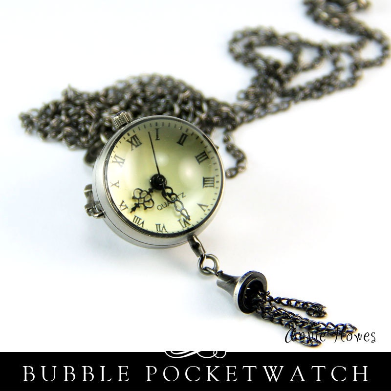 DIY Glass Bubble Pocket Watch Charm in Vintage Silver. Chain Included. Annie Howes.