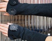 Fingerless Gloves / Mittens / Arm Warmers Upcycled Felted Sweater- Black with Flowers