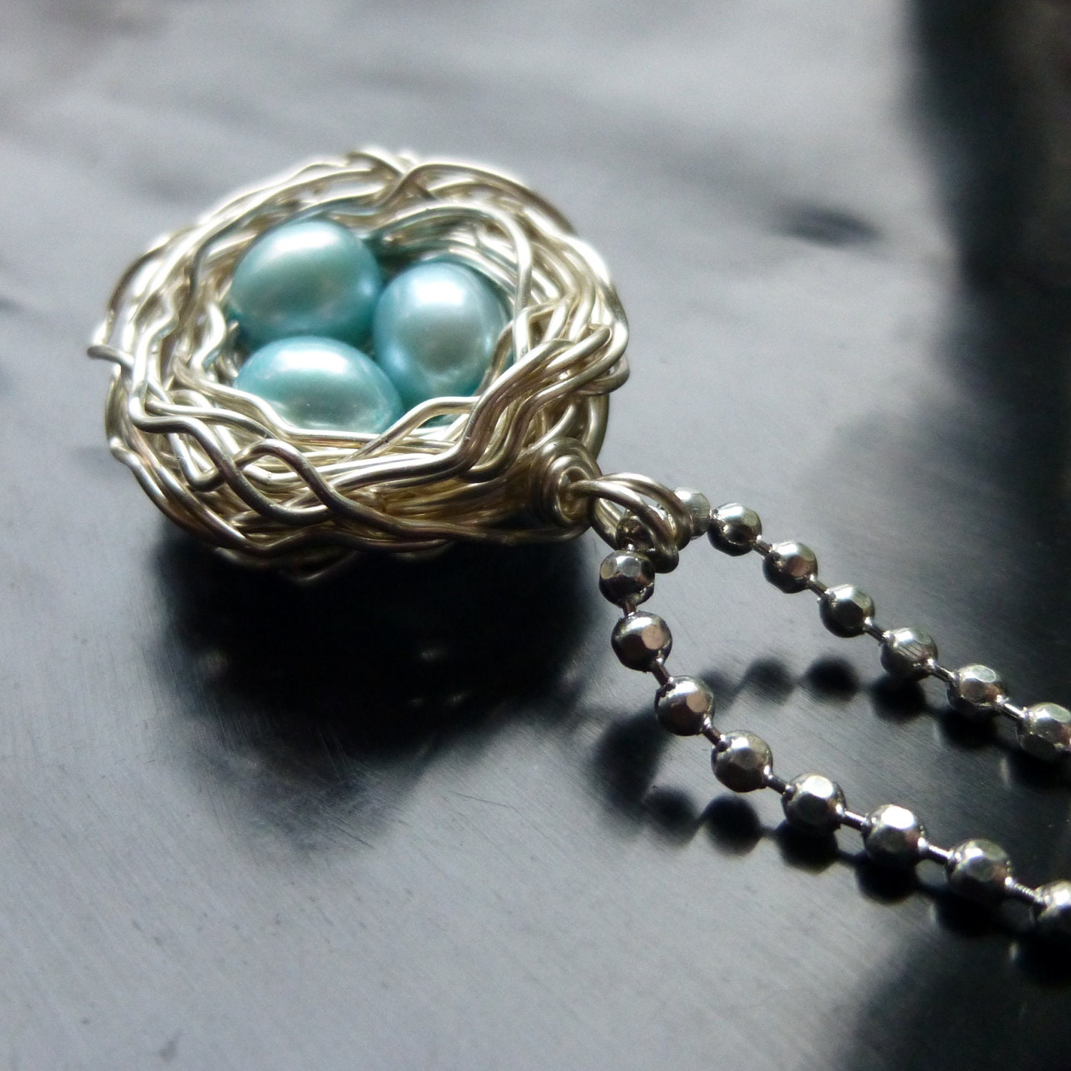 Bird Nest Necklace, Silver with Blue Pearl Eggs, Long Chain - IllustrousJewelry