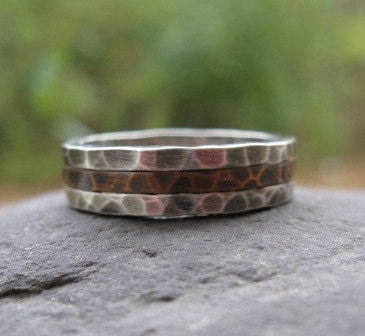 mens wedding band or everyday band . oxidized sterling silver and copper . (( Triad Hammered Band )) . READY TO SHIP sz 10