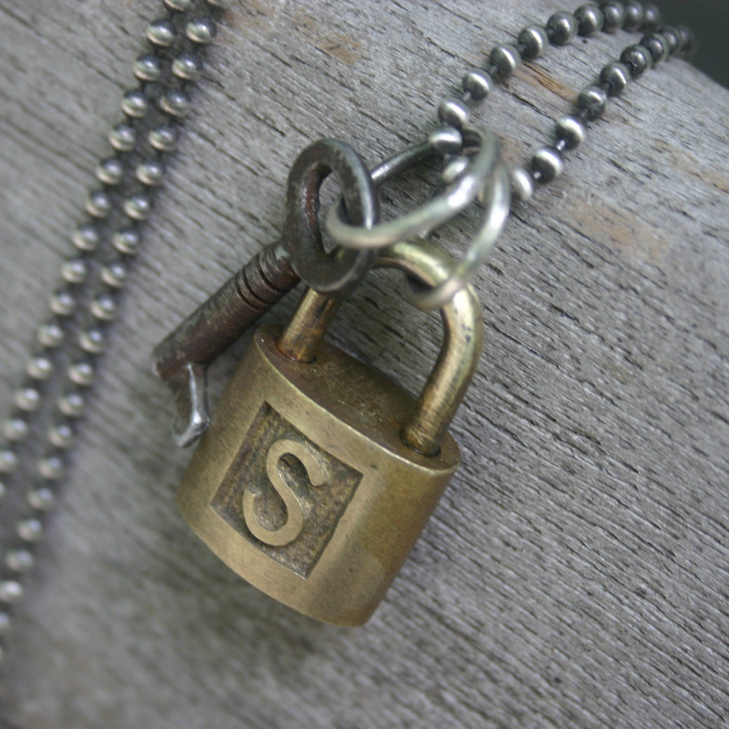 Vintage Antique Brass S Padlock Key Necklace Long Sterling Silver Ball Chain