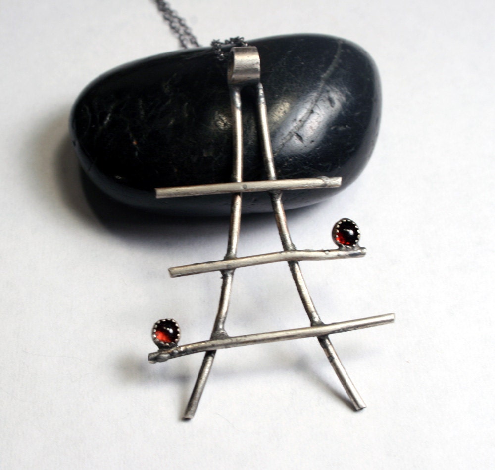 Abstract Pagoda Necklace, Oxidized Sterling Silver and Garnet Necklace