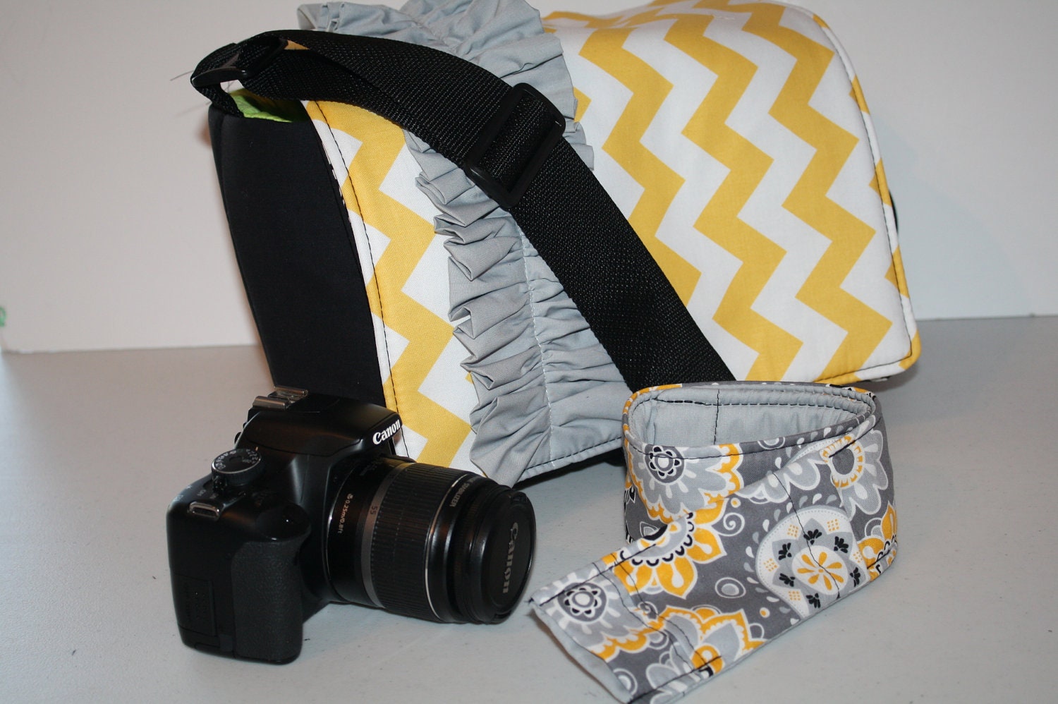 Digital Slr CAMERA Bag Dslr camera Bag Lens case purse 2 Yellow Chevron Stripe Grey  ruffle and Camera strap Cover Sm