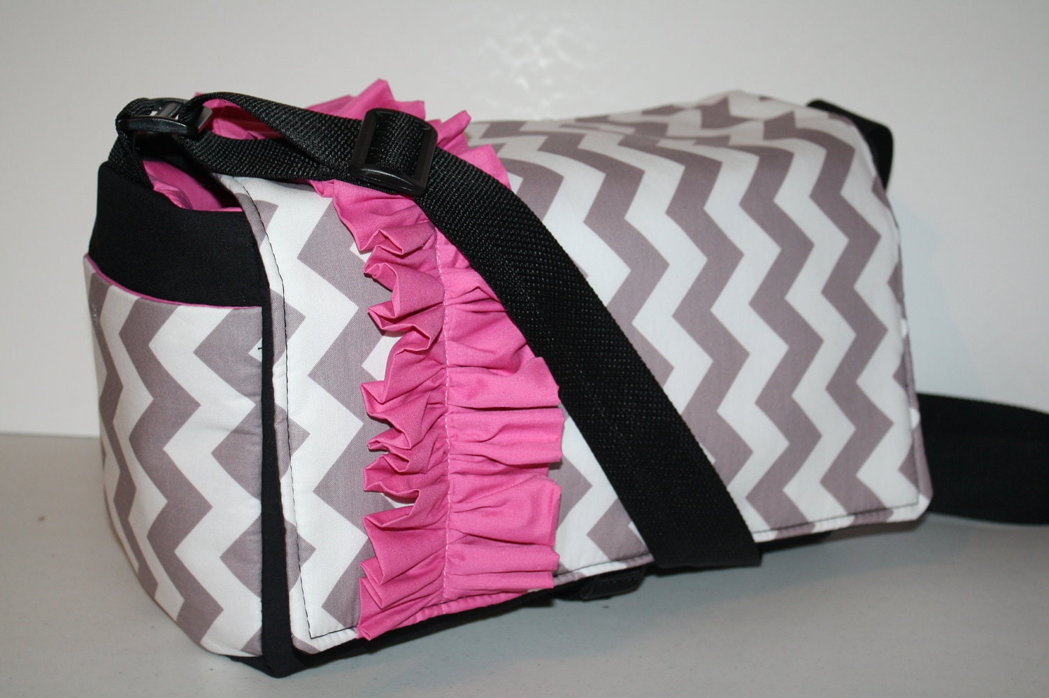 MESSENGER BAG Laptop Bag Diaper Bag Book Tote Purse Grey Chevron Stripe Pink Ruffle XcessRize Designs