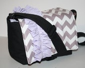 Diaper Bag / Nappy Tote / Purse / Baby Bag / Toddler Tote / MESSENGER Bag / More Pockets Grey Chevron Lilac purple ruffle