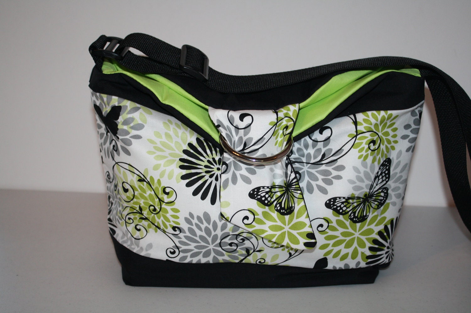 Small Diaper Bag Nappy Tote Purse Baby Bag Toddler Tote HOBO Bag  Lime Butterflies  / messenger strap