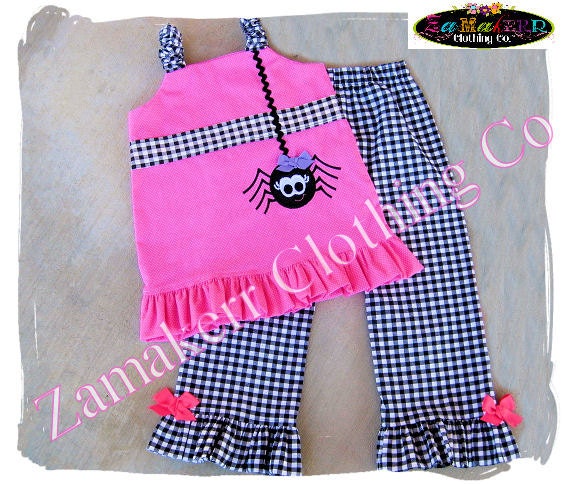Boutique Girl Clothes Clothing Black N' Dots Spider Aline Top Ruffle Pant Outfit Set 3 6 9 12 18 24 month size 2T 2 3T 3 4T 4 5T 5 6 7 8