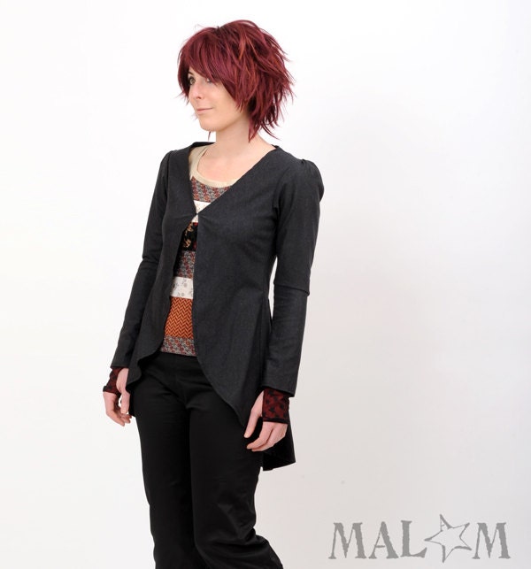 Long black woollen cardigan - Swallowtail dry wool jacket - Black jacket - Office fashion