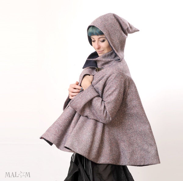 Wool Hooded Cape - Small Checks cape coat with goblin hood and flared sleeves - sz S-M CYBER MONDAY - Malam