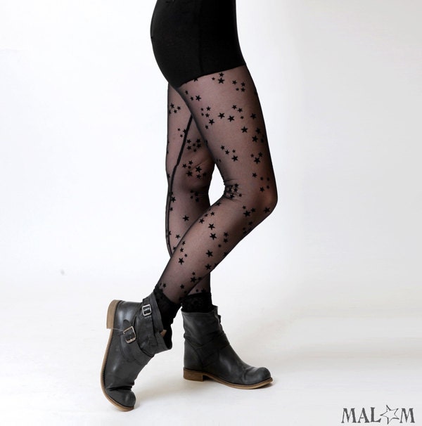 Starry black leggings - Black mesh and flocked stars leggins - Women bottoms leggings