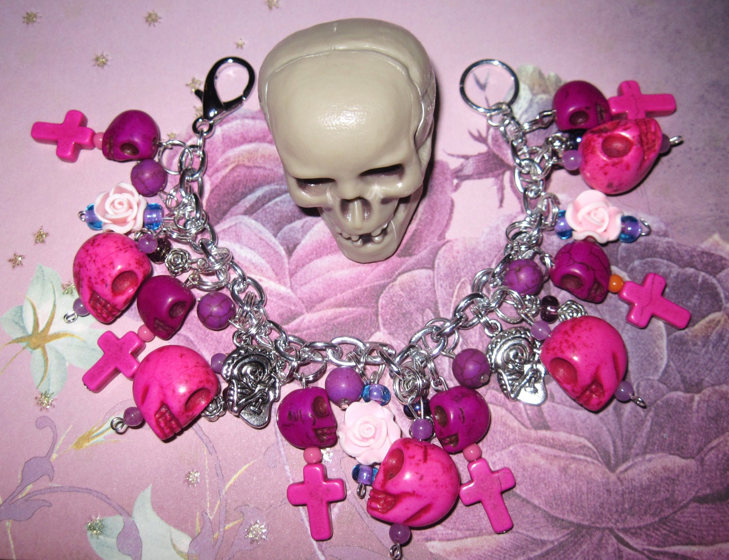 Day of The Dead Charm Bracelet Sugar Skull Jewelry Dia De Los Muertos Beads Mexican Themed Jewelry OOAK Eclectic Statement Piece
