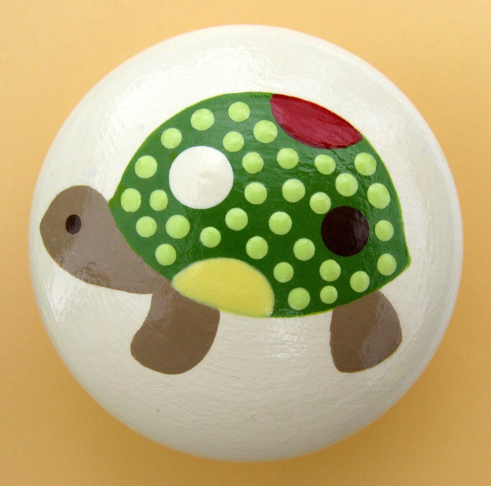 Turtle Hand Painted Knob, Vanilla, Green, Yellow, Red, Chocolate Brown, Spots, Dresser Pull