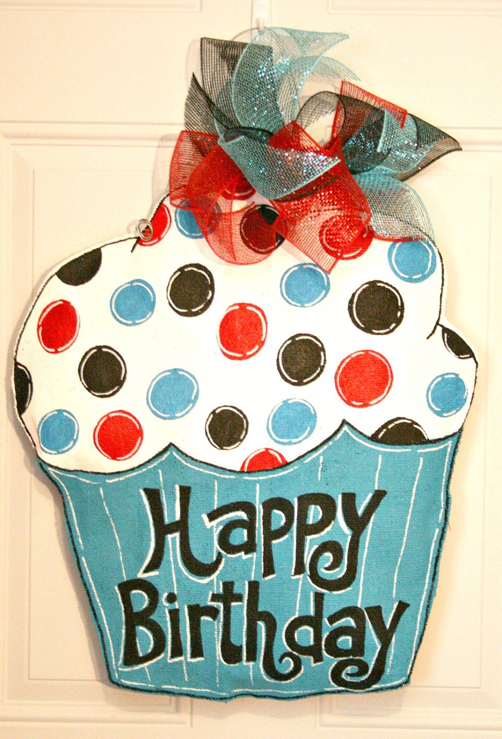 Happy Birthday Party Cupcake Burlap Door Hanger Decoration Polka Dot Celebration Bakery