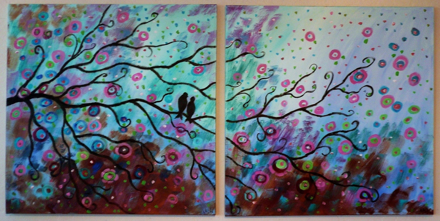 Commission  made to order- Large  original painting landscape modern Folk art  birds, blue ,brown, rose- free ship 24 x 48 Vadal