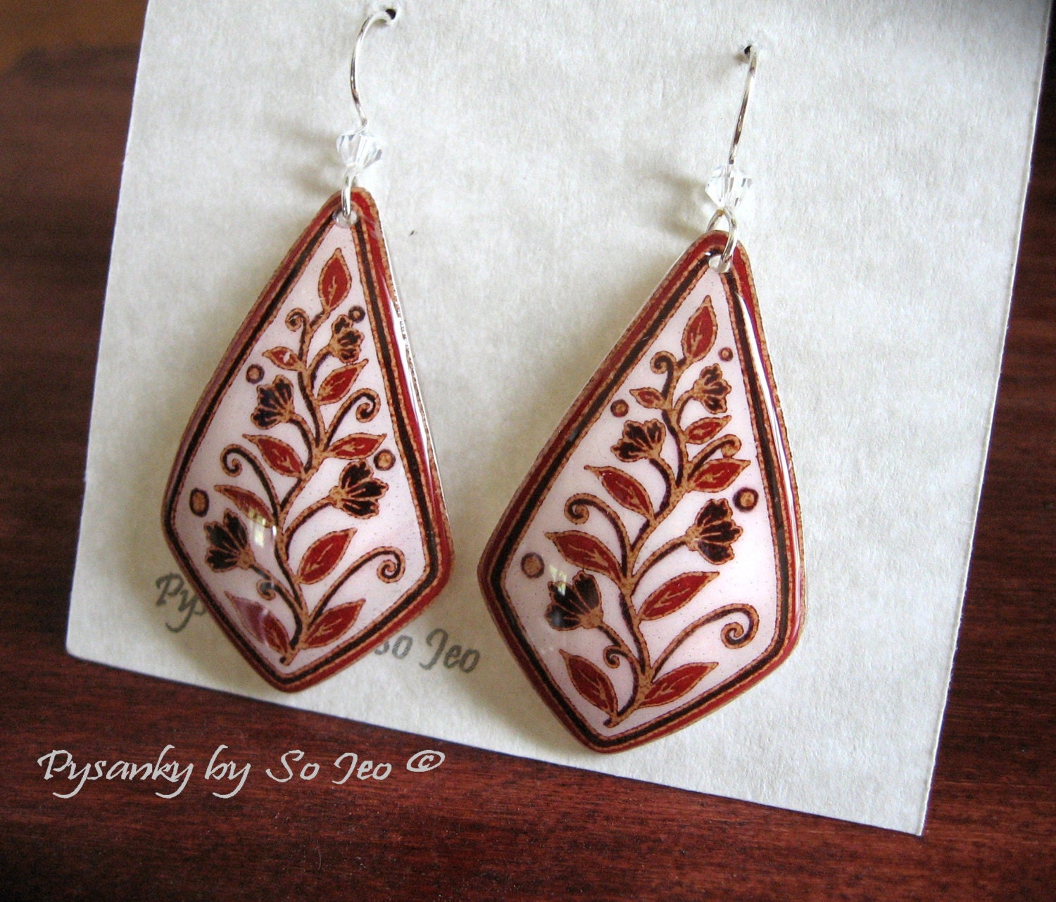 ECO Spring Vines Etched Brown Eggshell  Pysanky Batik  Kite Dangle Earrings