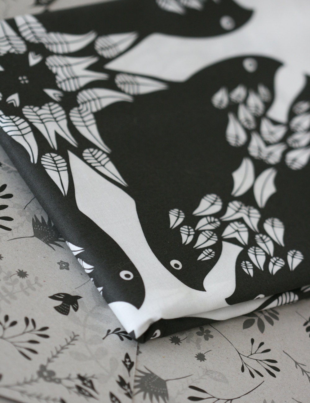 Crow Pattern Fabric - Black and White - Small Piece