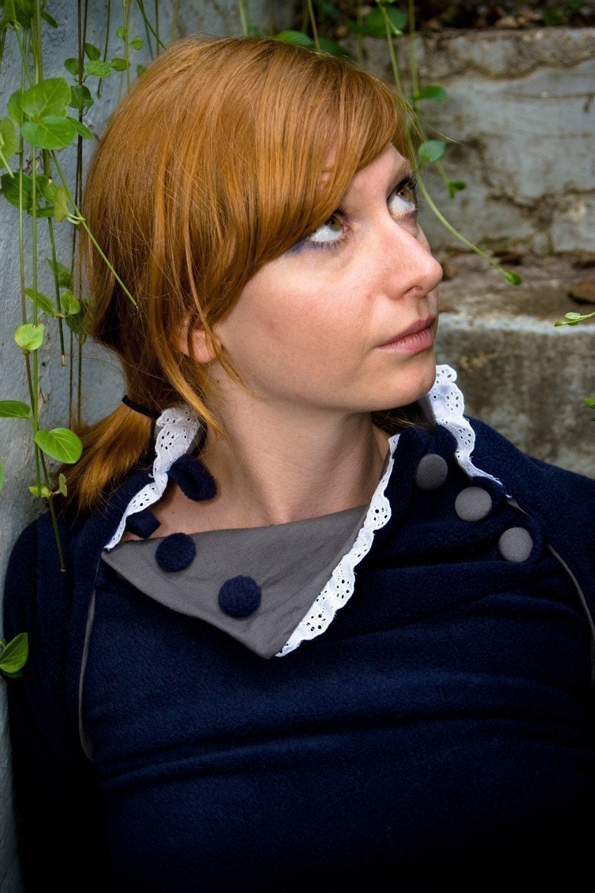 Sassy cowl sweater in navy fleece --adjustable buttoned collar with eyelet trim.  winter pullover, victorian style.
