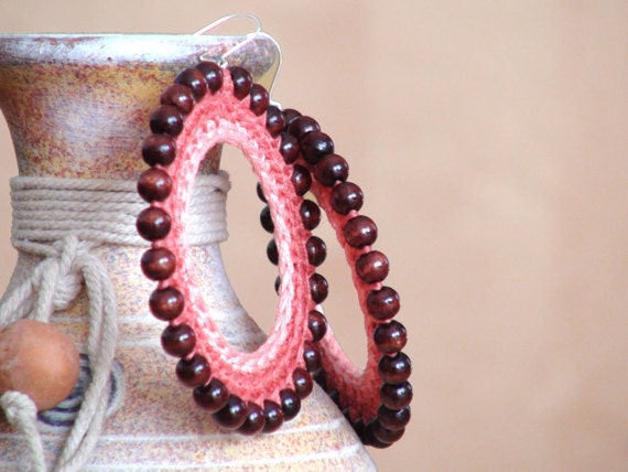 Wooden Beads Hoop Earrings - boho earrings - bohemian jewelry - autumn fall jewelry