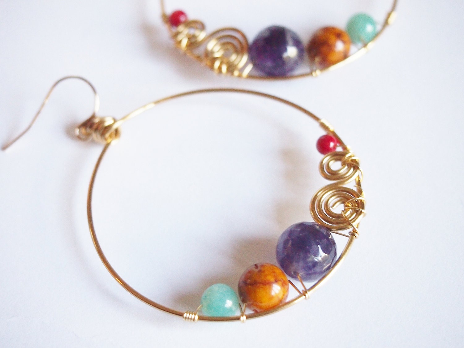 Klimt hoops - round - amethyst, clay, amazonite, Swarovski pearl