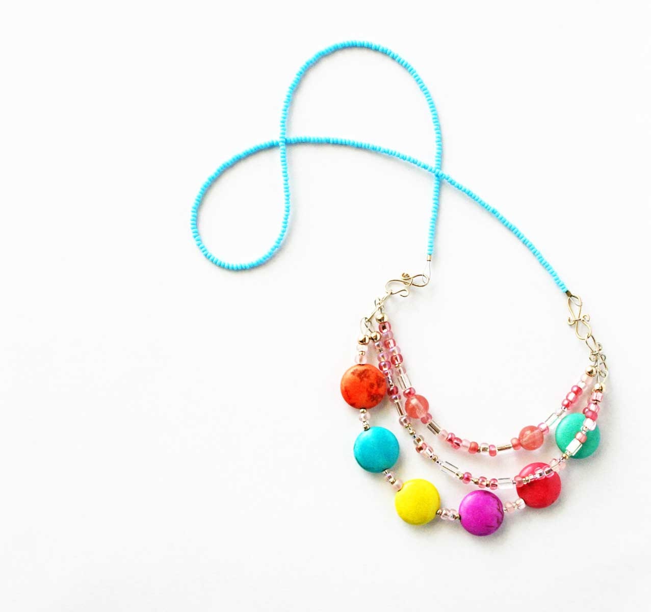 Rainbow colors beaded necklace / Bright necklace / turquoise / summer accessory / sterling silver clasp