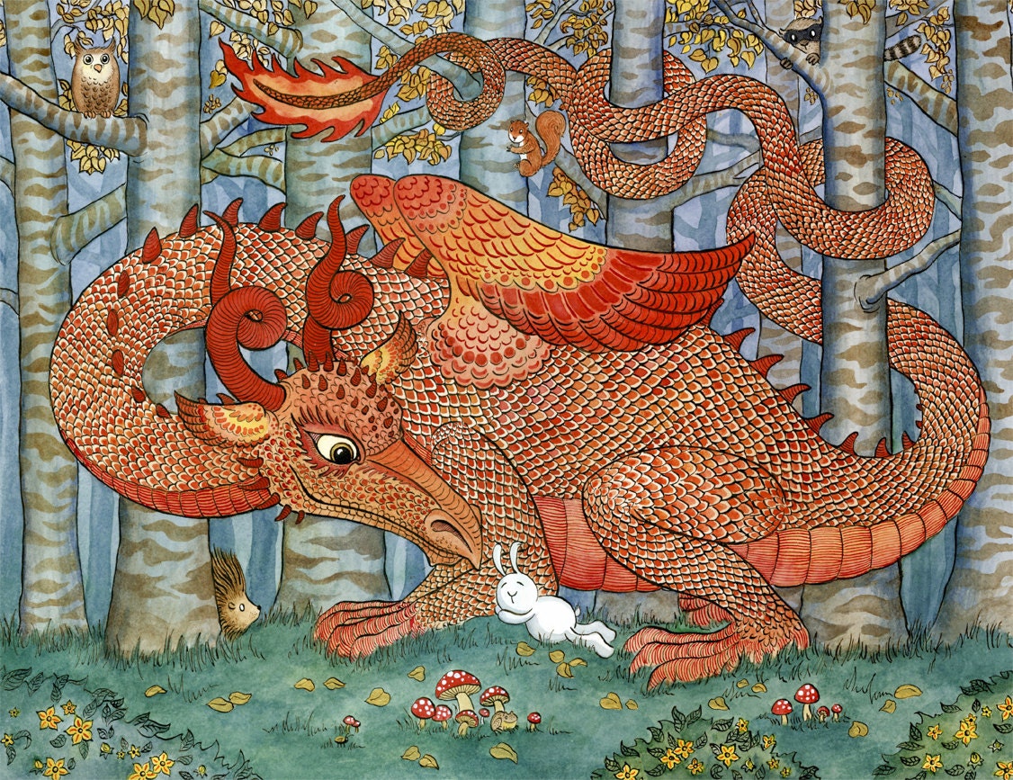 Red Dragon Rabbit Forest Woodland Art Print 8"x10" Safe and Sound
