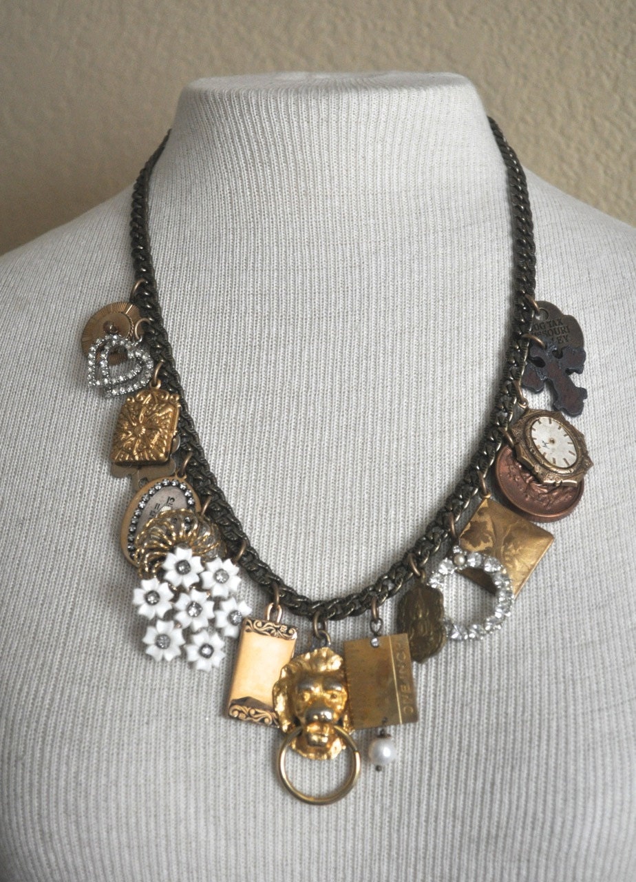 Chunky and Funky pendant and charms lion vintage repurposed necklace
