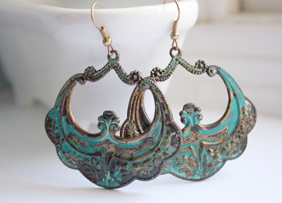 Patina Art Deco or Art Nouveau Dangle earrings Free USA Shipping