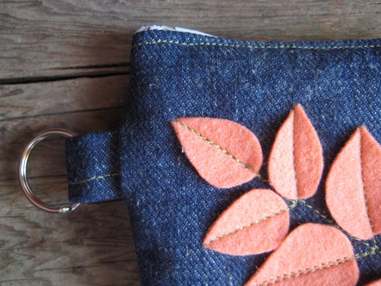 Coral Leaves Coin Wallet One of a Kind Reclaimed Eco Friendly Denim Zipper Pouch