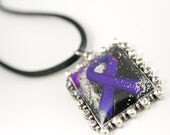 Fibromyalgia Rhinestone Purple Awareness Ribbon Necklace Cystic Fibrosis, Cancer Alzheimers Crohns IBD Lupus