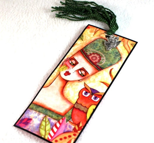 Owl Art Bookmark, Two Sided, Handmade, Varnished, With Owl Charm and Tassel, Original Girl Art Print Orange Peach