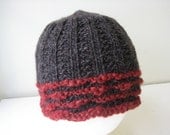 charcoal gray hand knit hat with red stripes - beaconknits