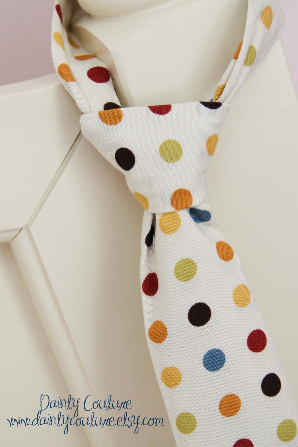First birthday outfit - Little boy necktie - muted brown, blue, red, and green dots - adjustable length