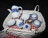 Miniature Picnic Basket Doll Tea Set