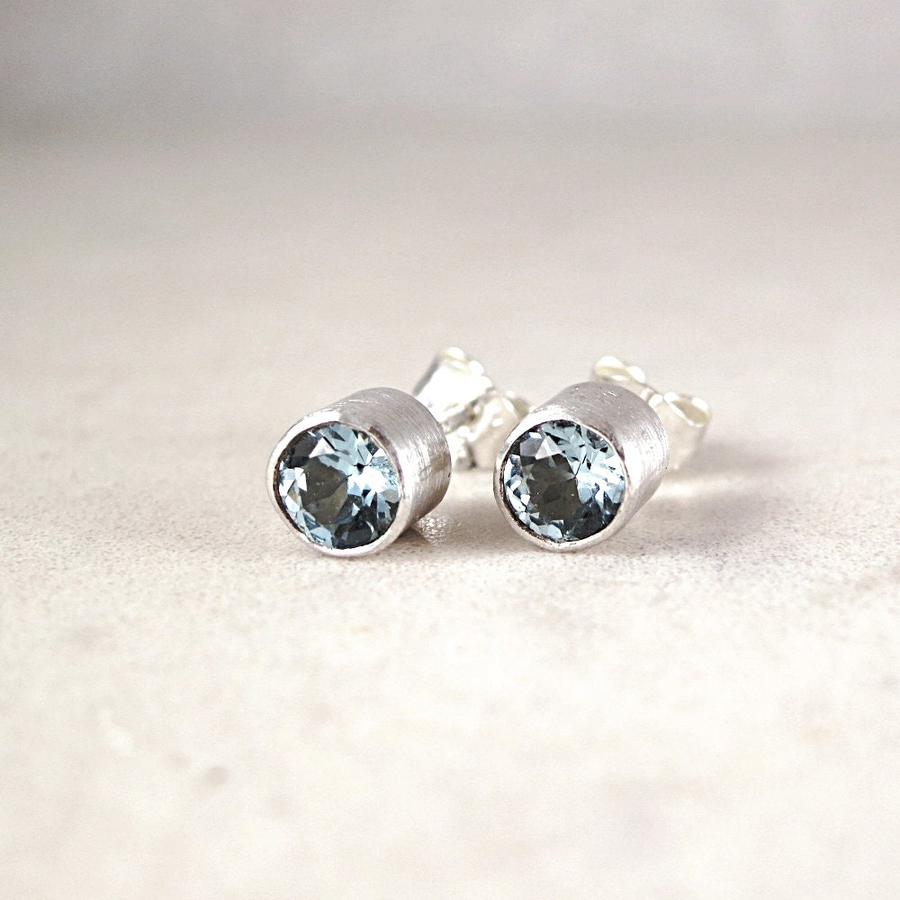 Blue Topaz studs, Sterling Silver, faceted blue gemstone earrings, Birthstone jewelry - BarronDesignStudio