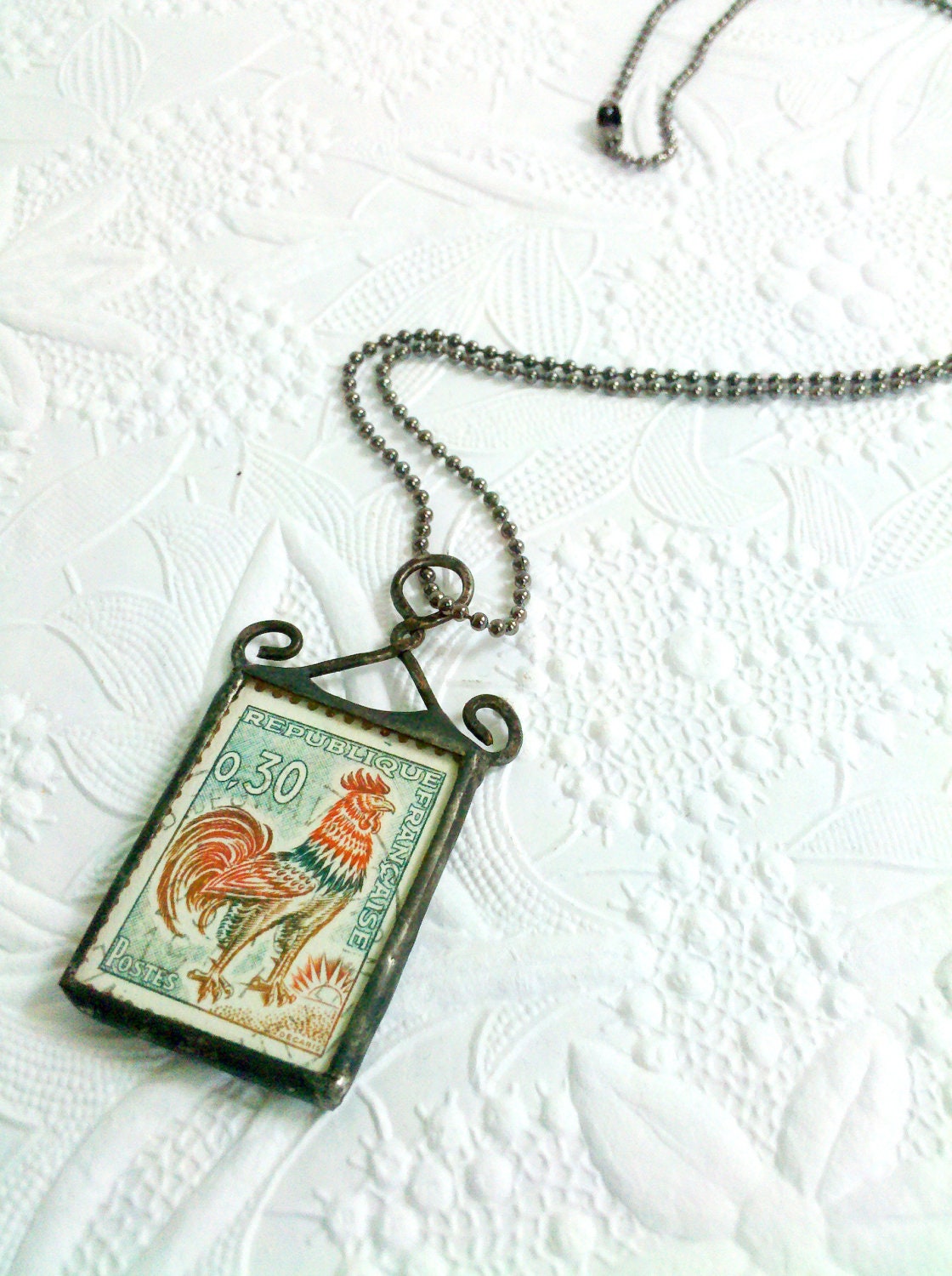 Vintage Stamp Necklace, Rooster Stamp Necklace, Soldered Stamp Pendant, Stamp Jewelry, Vintage Stamp Pendant, Quirky Eclectic Jewelry