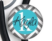 Stethoscope ID Tag - Custom Name - Grey and Tiffany Blue Chevron
