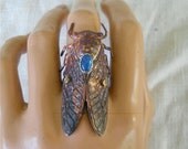 Adjustable Cicada Gemstone Ring - Blue Agate, cicada jewelry, insect jewelry, insect ring, Statement Ring, Steampunk, steampunk jewelry