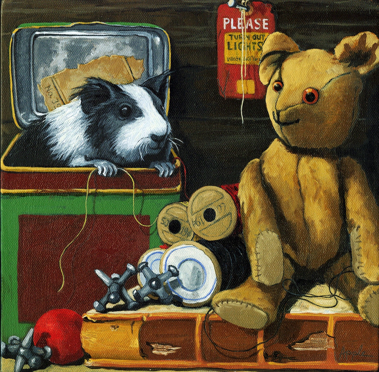 Antique TEDDY BEAR & GUINEA  pig vintage still life  print from original oil painting