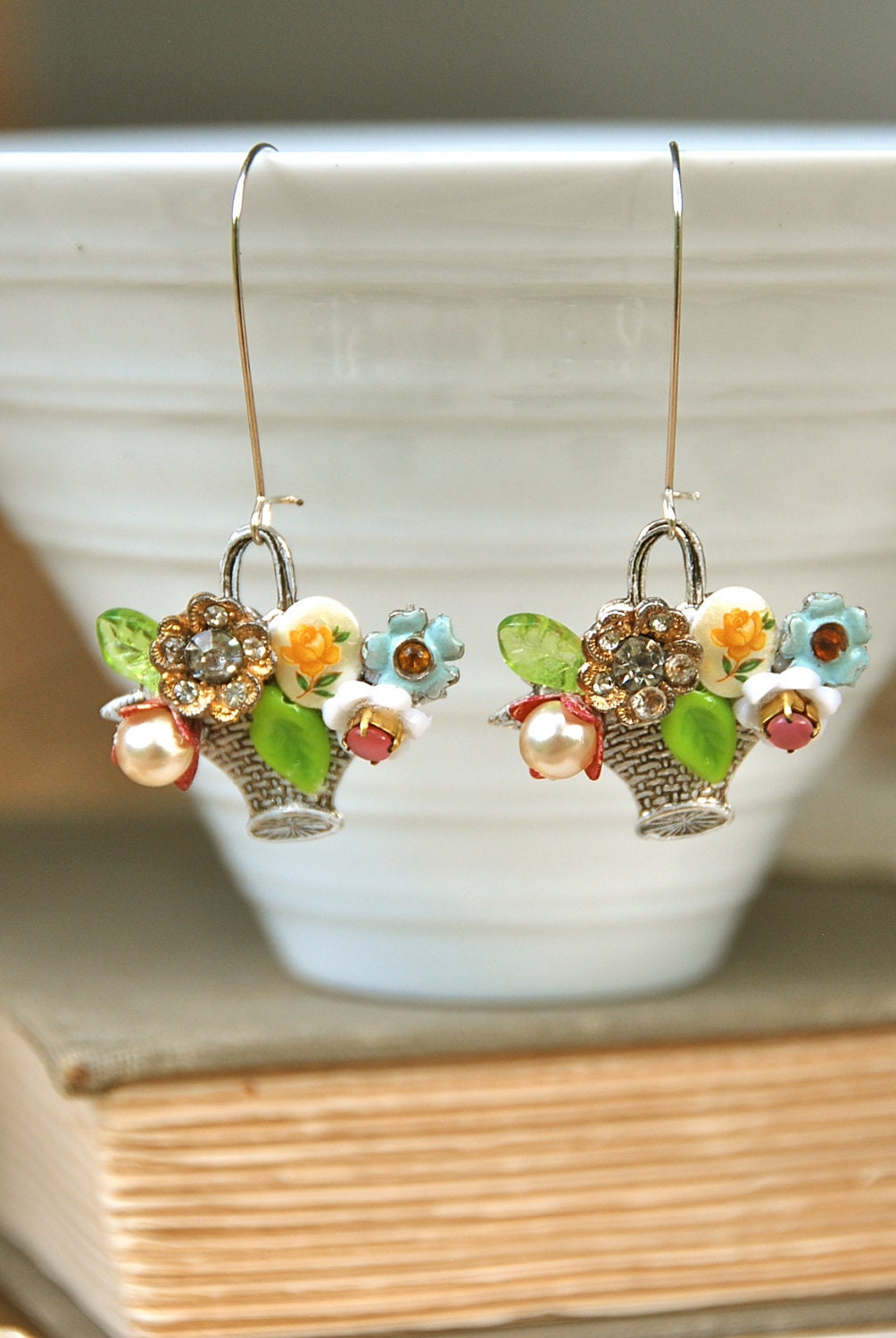 A basket of posies. floral bouquet earrings. Tiedupmemories
