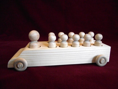 Bus with Peg Dolls, Unfinished Pine Bus with Unfinished Hardwood Passengers