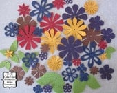 45 Felt Flowers and Leaves - scrapbooking hair embellishments - mustard, navy, purple, brown, moss green, red