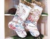 Two Large Retro Barkcloth Stocking  His and Hers  Currier and Ives Vintage Barkcloth Stockings with Faux Fur