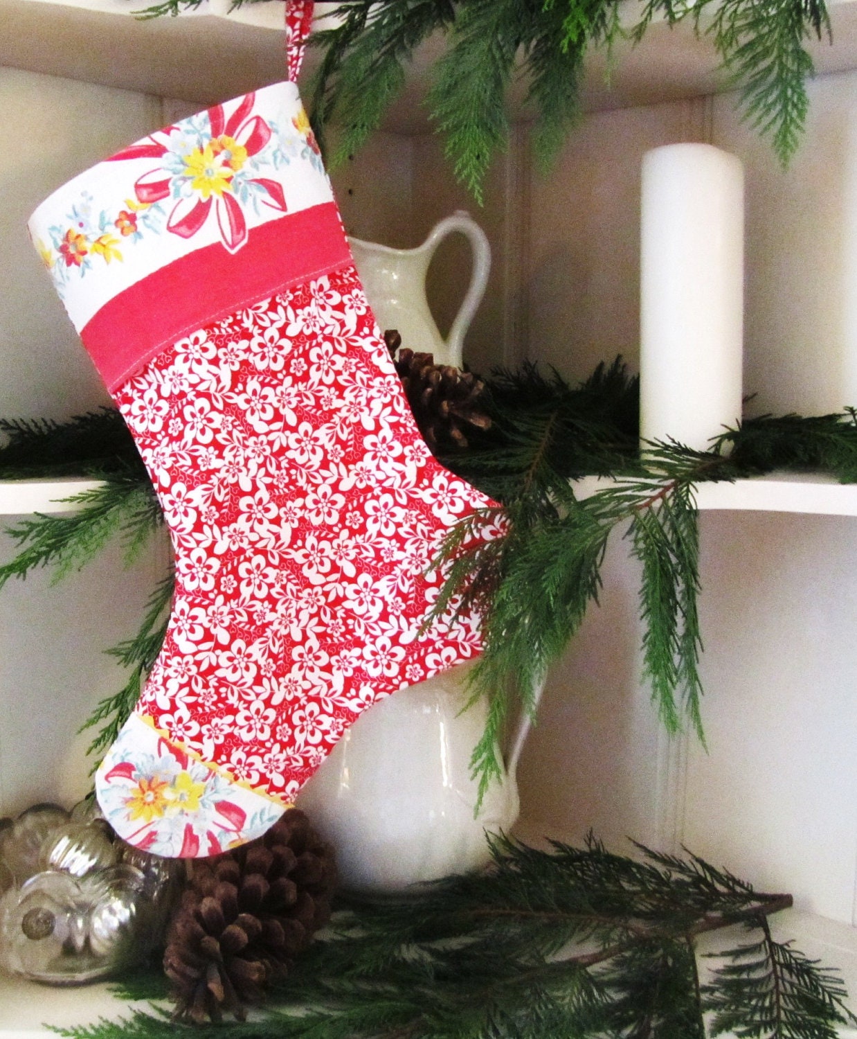 Christmas Stocking    Red Floral    Vintage   Cuff and Toe   Vintage Tablecloth
