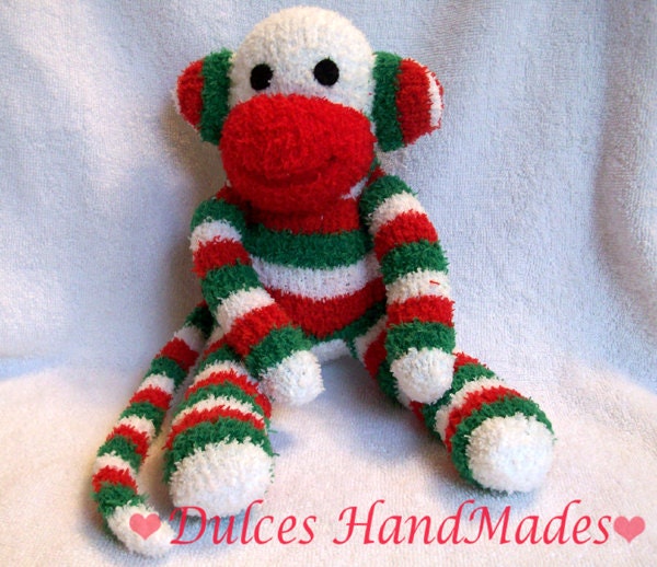 sock monkey plush toy Handmade Stuffed Animal Doll Baby medium green red white