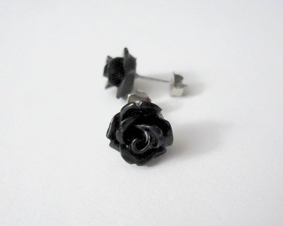 Raven Black Stud Earrings Opaque Rose Flowers- Your Choice of Hypoallergenic Posts