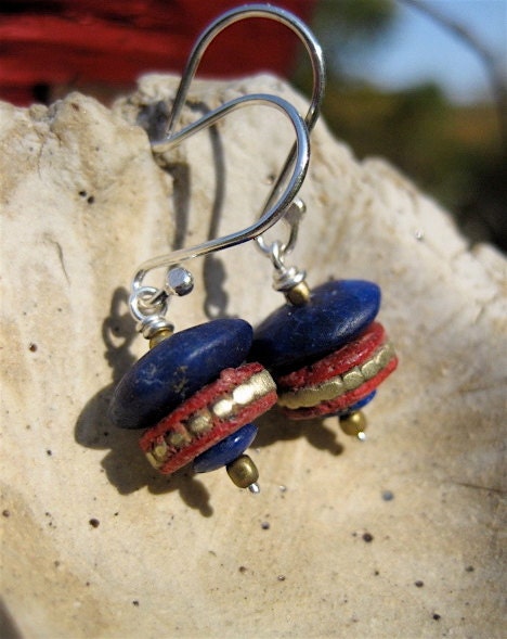 Tibetan Mala Bead Earrings with Lapis Lazuli and Brass