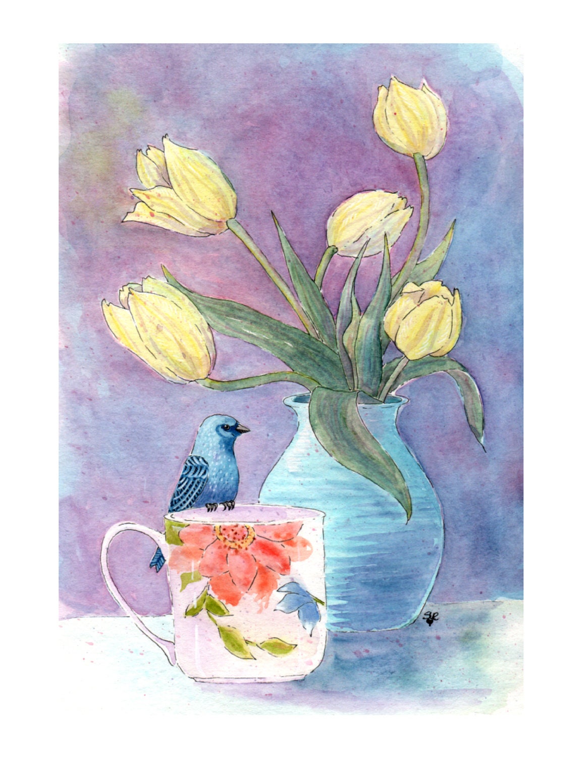 Archival Quality Print of Original Art, Blue, Indigo Bunting, Yellow Tulips, Cup, Vase, Watercolor