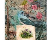 Archival Quality Print of Original Blue Bird Art Collage Acrylic Painting