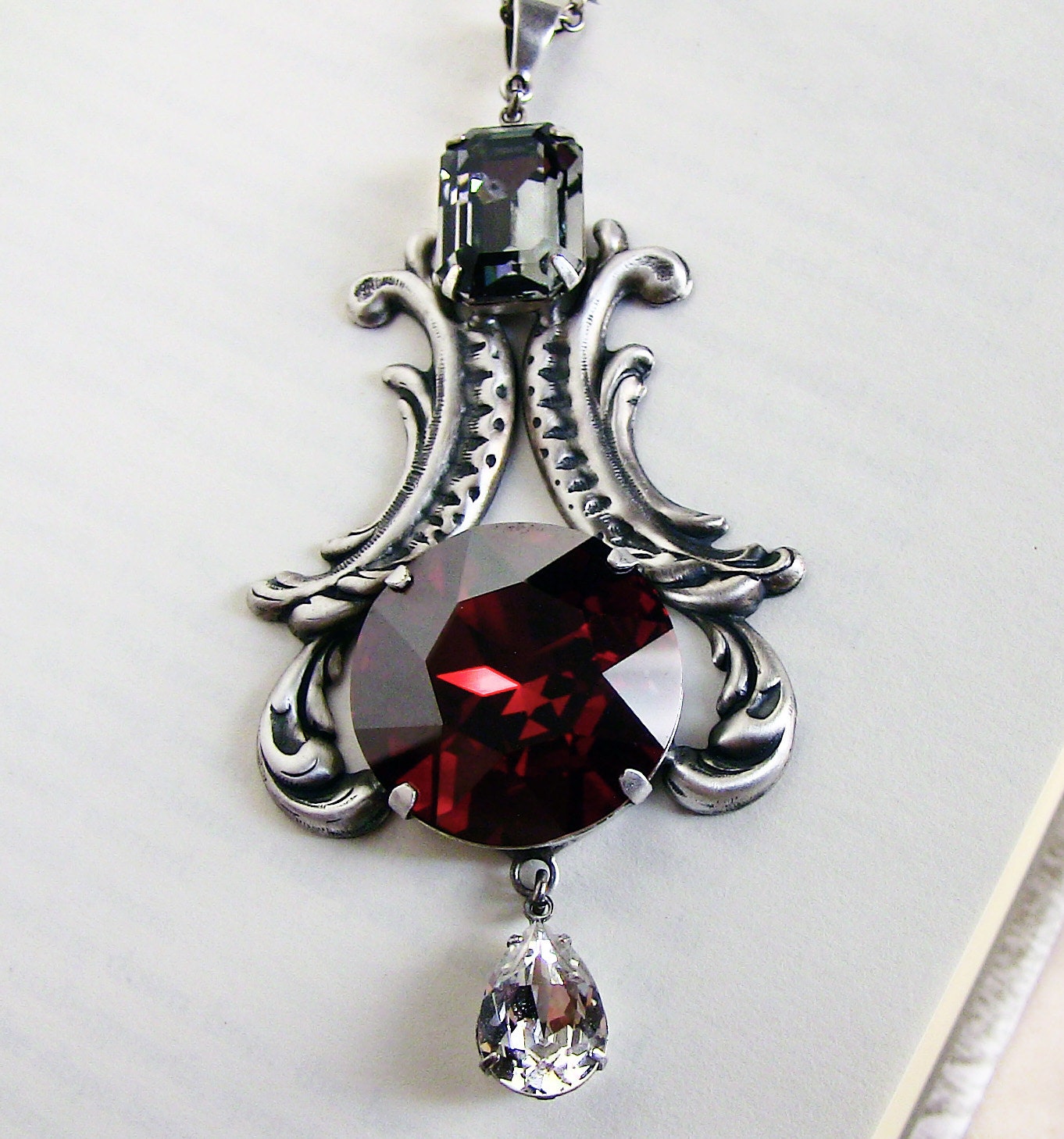 Red Gothic Pendant Silver Necklace Swarovski Crystal Gothic Jewellery